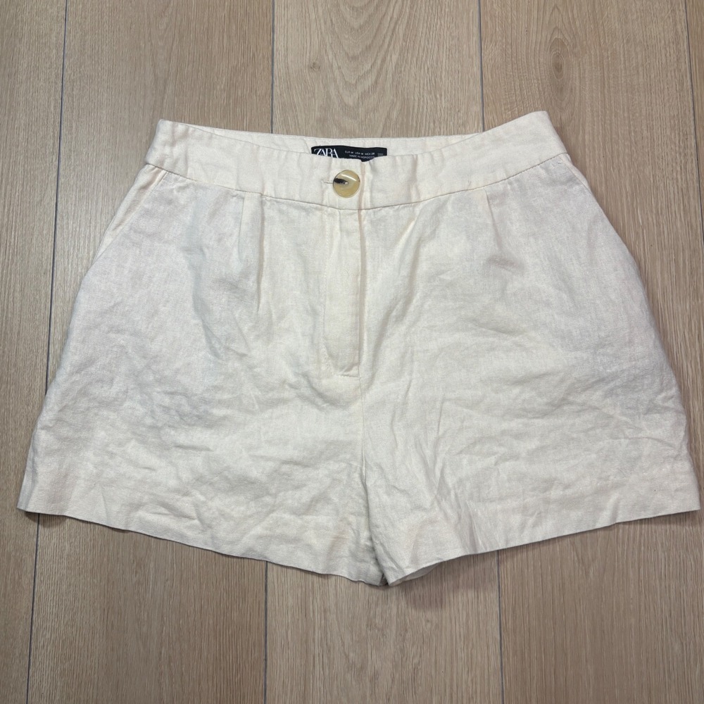 Zara Womens Off White Linen Blend High Waisted Pleated Shorts Cream Size Medium
